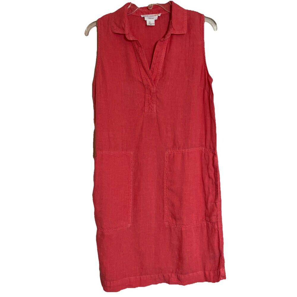 C&C California Shift Dress Women 4 Coral Pink 100% Linen Vintage Look Sleeveless